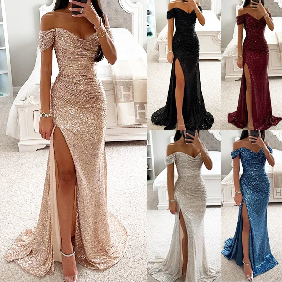 New Women Vintage Sequined V Neck Off Shoulder Slim Sexy Split Long Dress Evening Party Maxi Dresses Party Sequin Dress